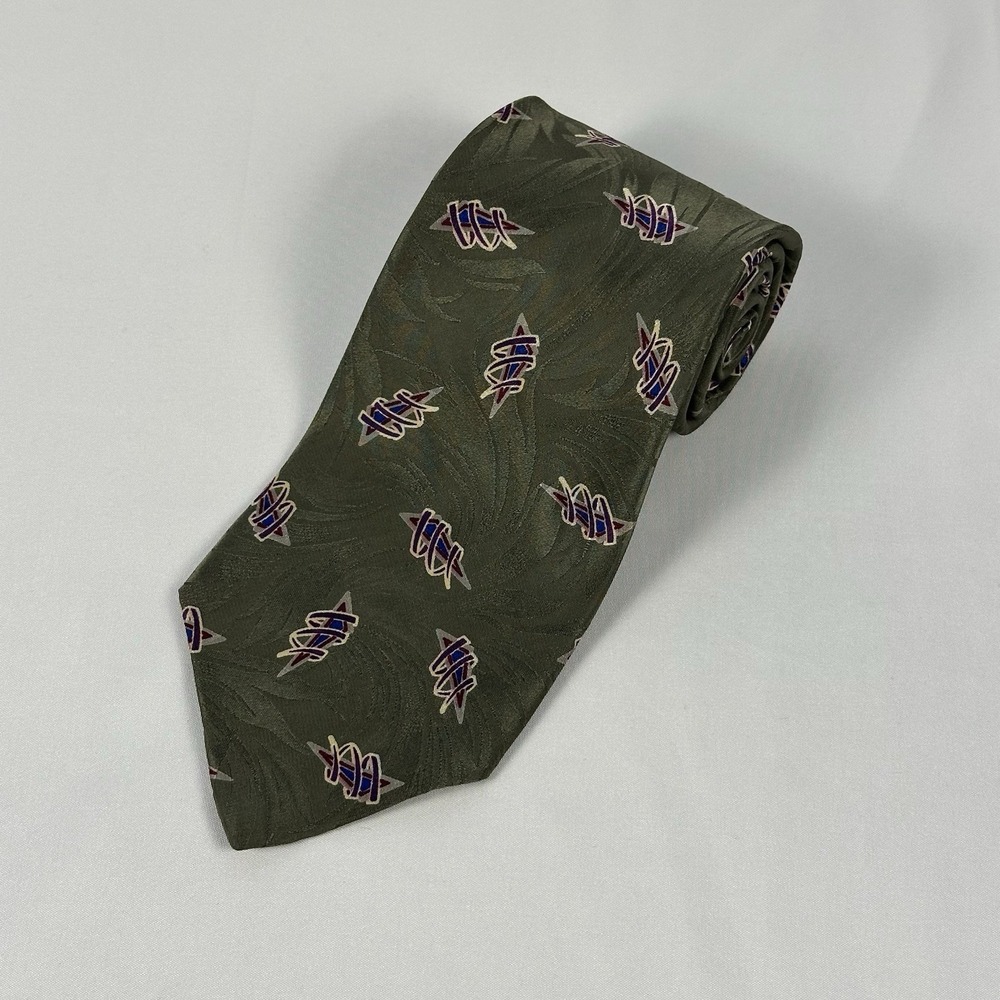 XMI 325 Series Silk Tie Olive Green Abstract Geometric Handmade in USA 3.5" W